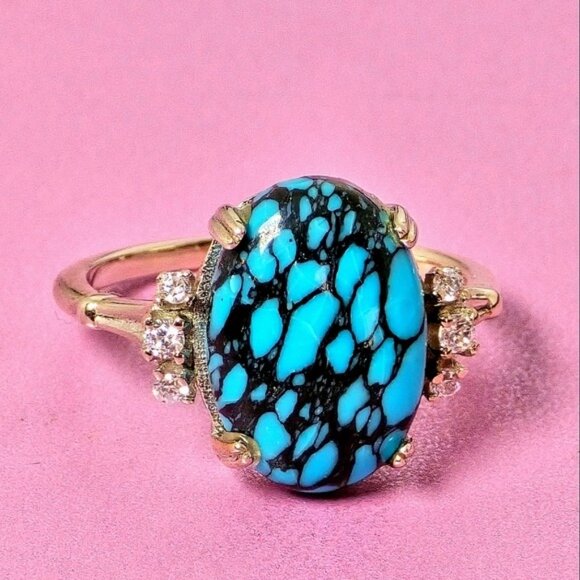 925 Sterling Silver Ring SZ 6.5 with Natural Turquoise   & CZ - Picture 9 of 14